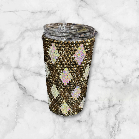 White & Brown Plaid Rhinestone Tumbler