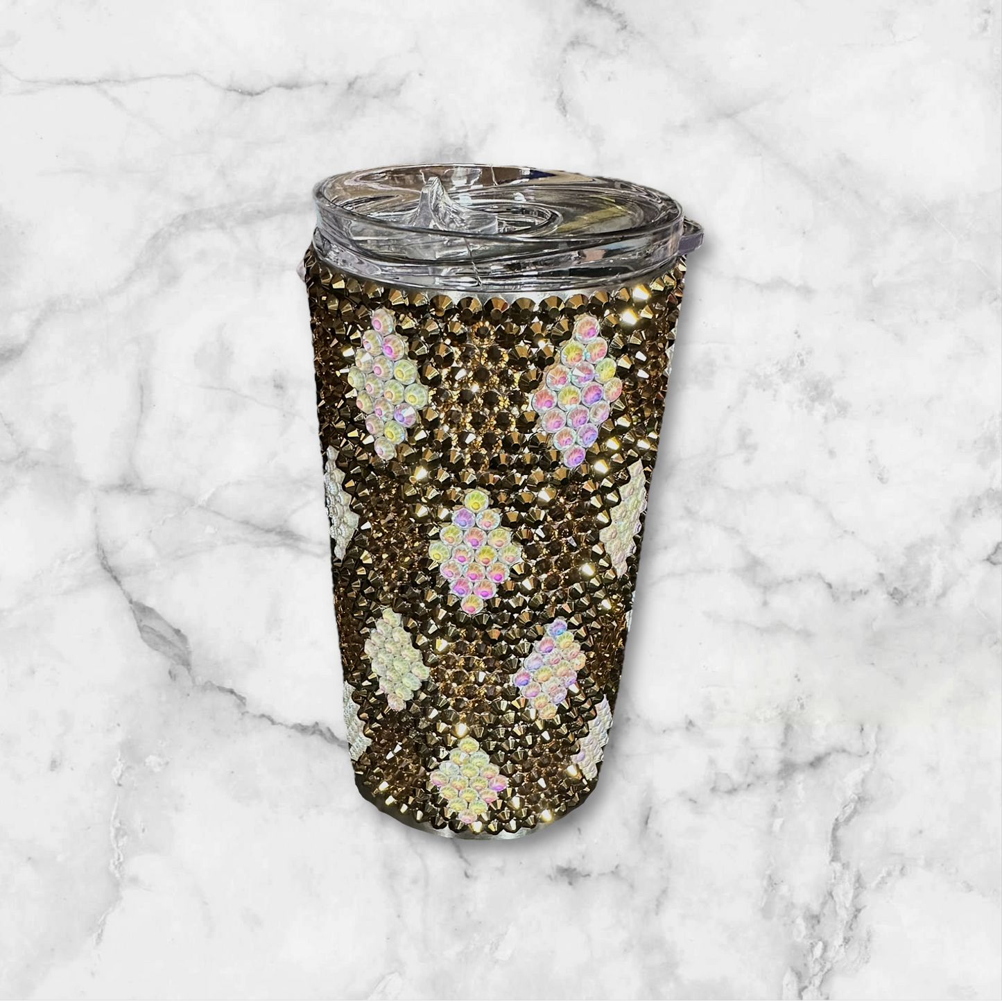 White & Brown Plaid Rhinestone Tumbler