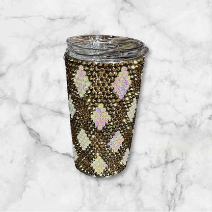 White & Brown Plaid Rhinestone Tumbler
